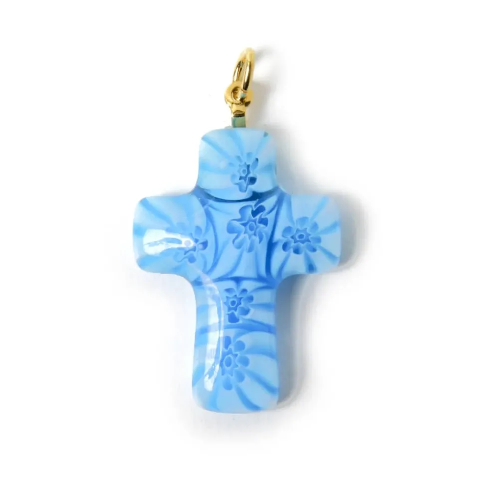 Pendentif croix Murano bleu