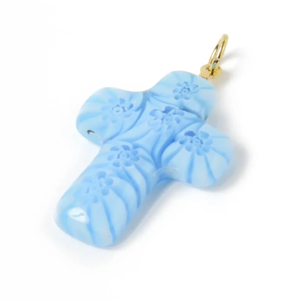 Pendentif croix Murano bleu