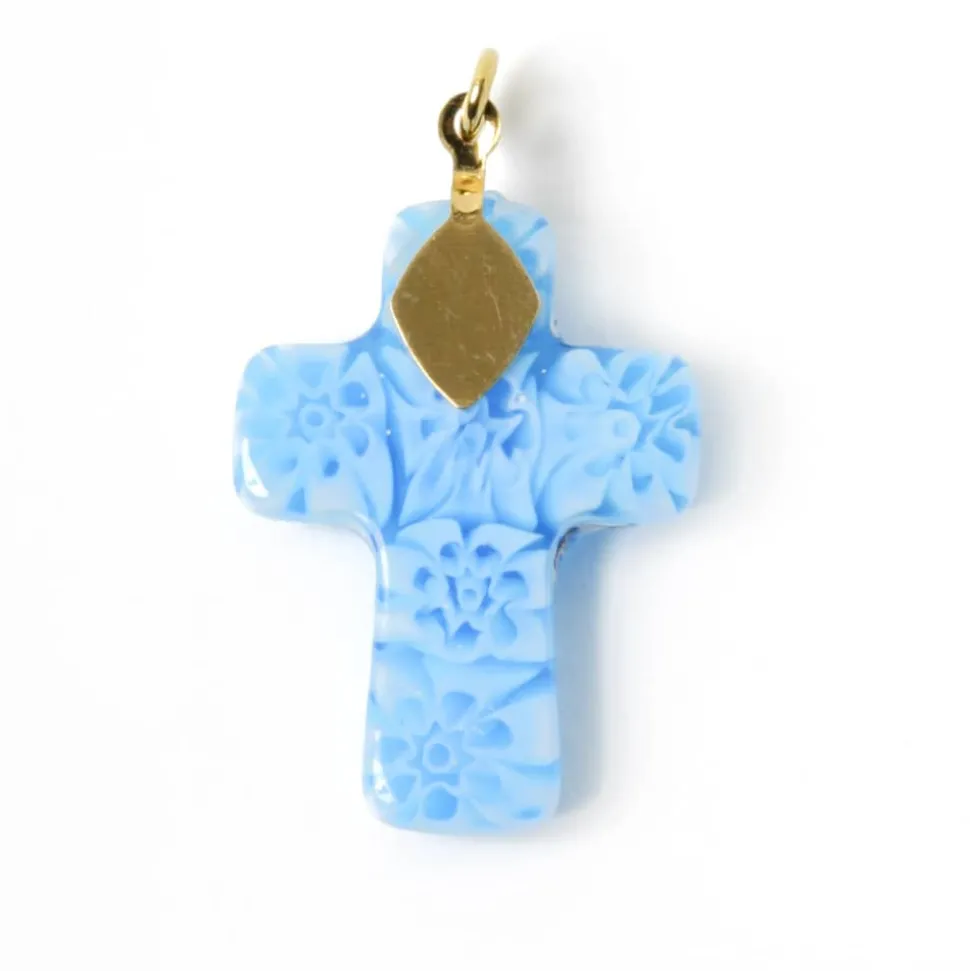 Pendentif croix Murano bleu